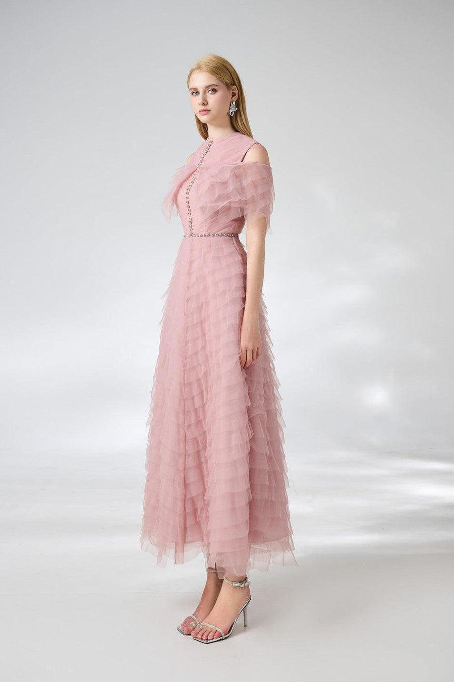 Bowers Layered Round Neck Organza Ankle Length Dress 4