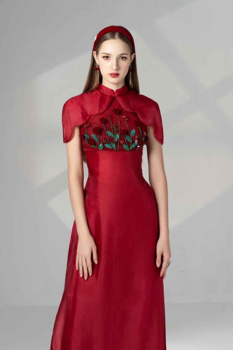 Brianna Sheath Flower Applique Silk Organza Floor Length Ao Dai Set