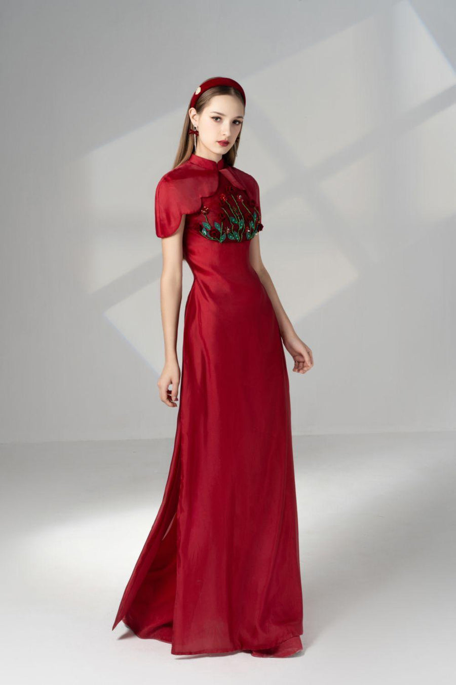 Brianna Sheath Flower Applique Silk Organza Floor Length Ao Dai Set 6