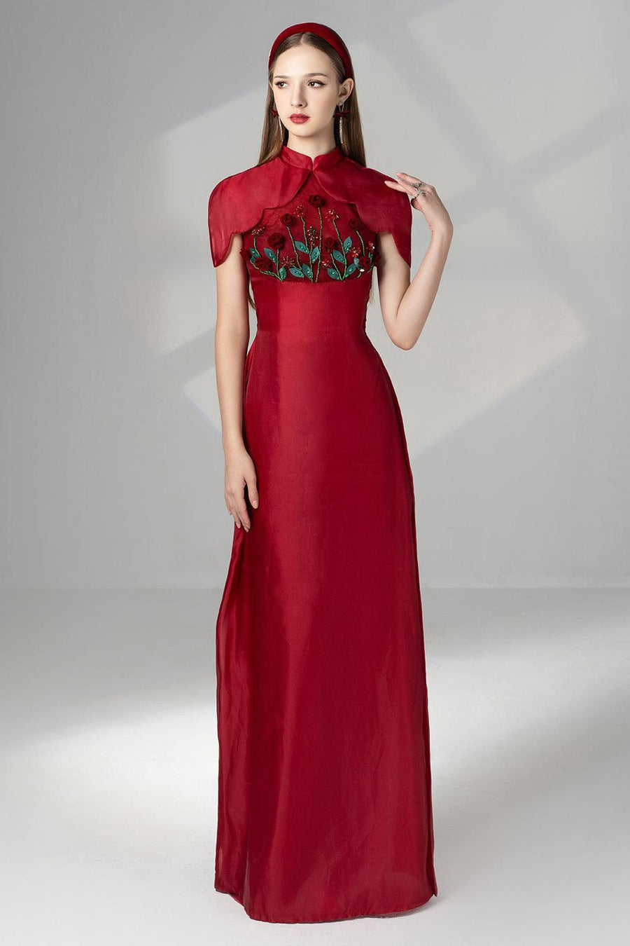 Brianna Sheath Flower Applique Silk Organza Floor Length Ao Dai Set 7