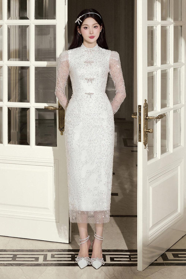 Bridal Sheath Long Sleeved Organza Midi Dress