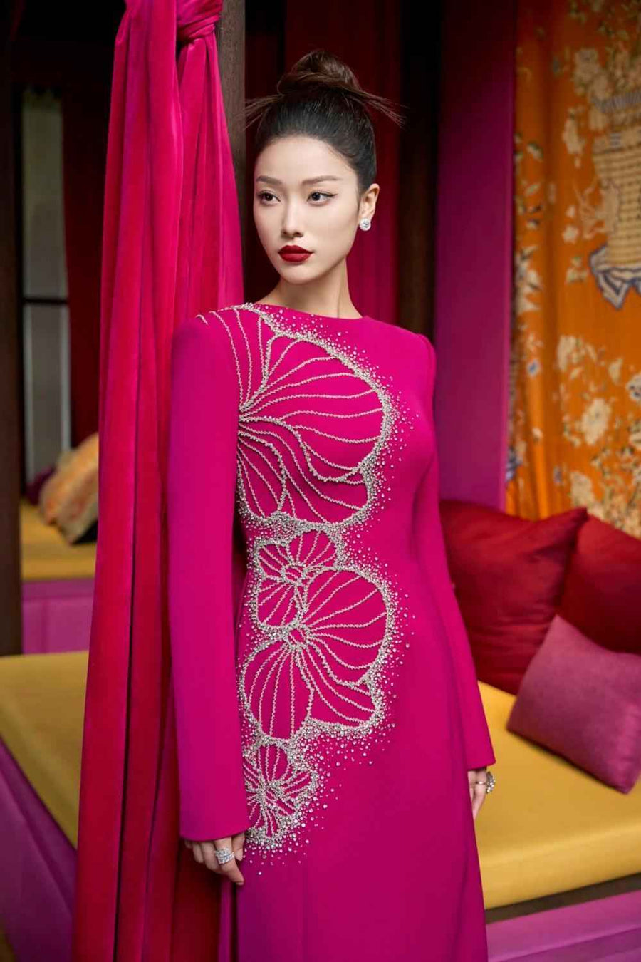 Brillz A-line Square Shoulder Velvet Satin Floor Length Ao Dai Set