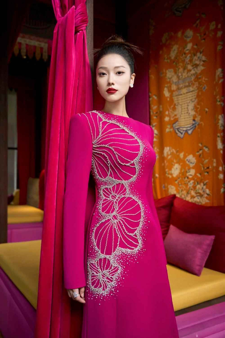 Brillz A-line Square Shoulder Velvet Satin Floor Length Ao Dai Set