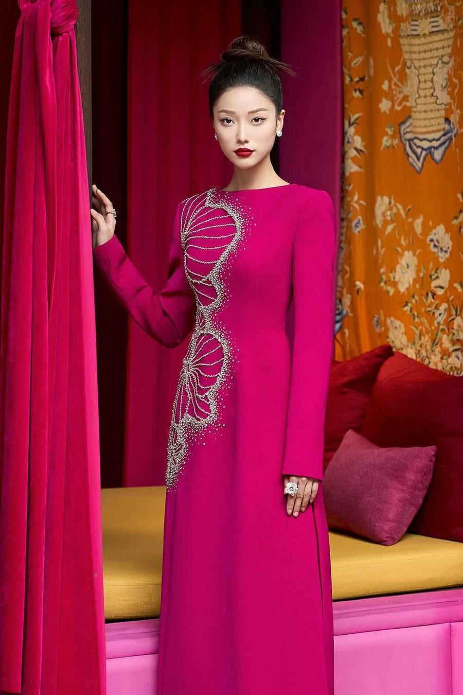 Brillz A-line Square Shoulder Velvet Satin Floor Length Ao Dai Set