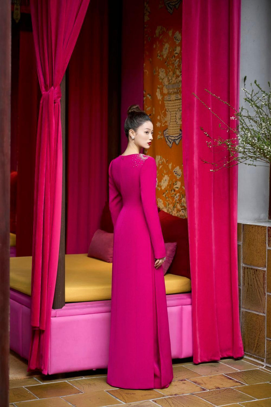 Brillz A-line Square Shoulder Velvet Satin Floor Length Ao Dai Set 6