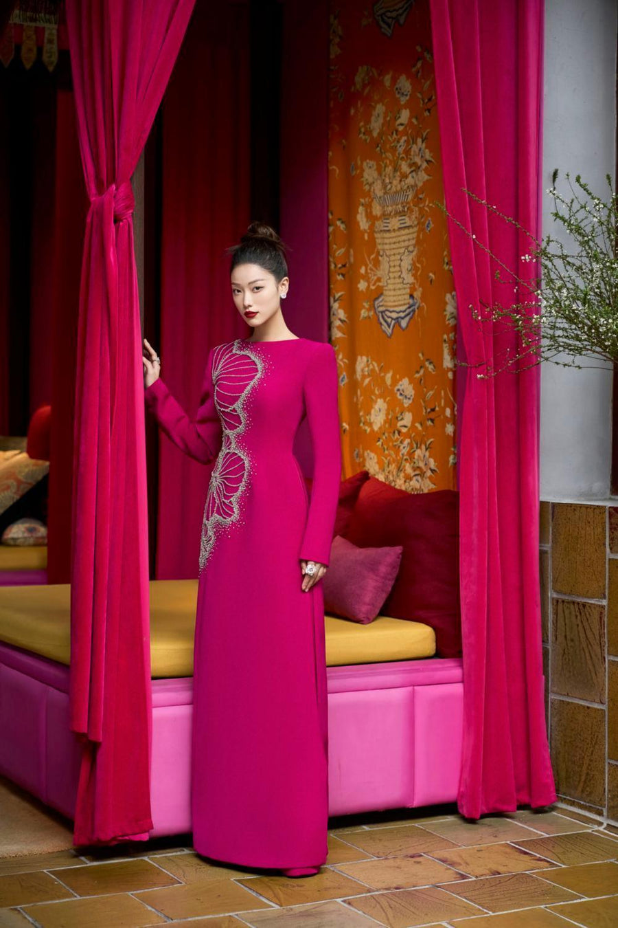 Brillz A-line Square Shoulder Velvet Satin Floor Length Ao Dai Set 7