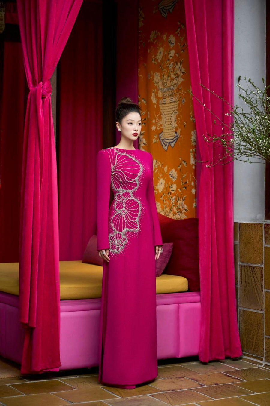 Brillz A-line Square Shoulder Velvet Satin Floor Length Ao Dai Set 8