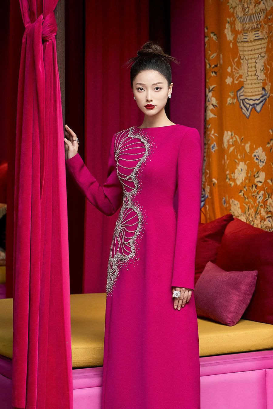 Brillz A-line Square Shoulder Velvet Satin Maxi Dress 4