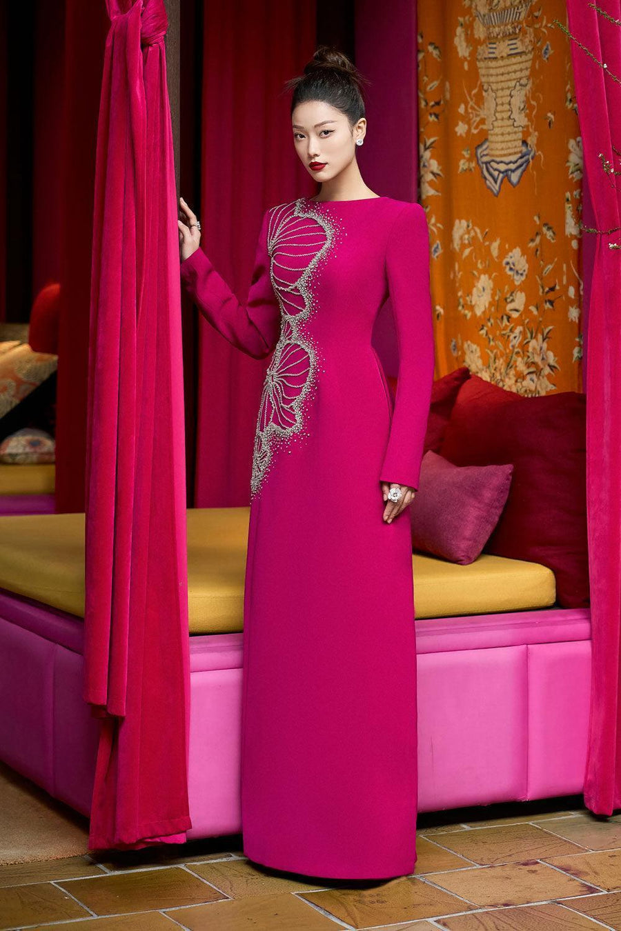 Brillz A-line Square Shoulder Velvet Satin Maxi Dress 7