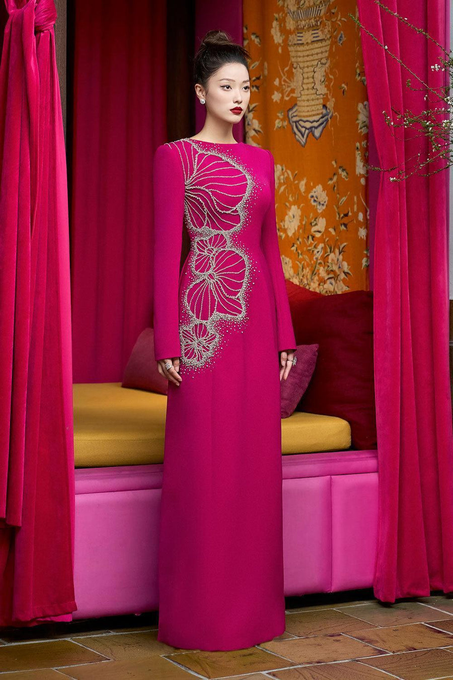 Brillz A-line Square Shoulder Velvet Satin Maxi Dress 8