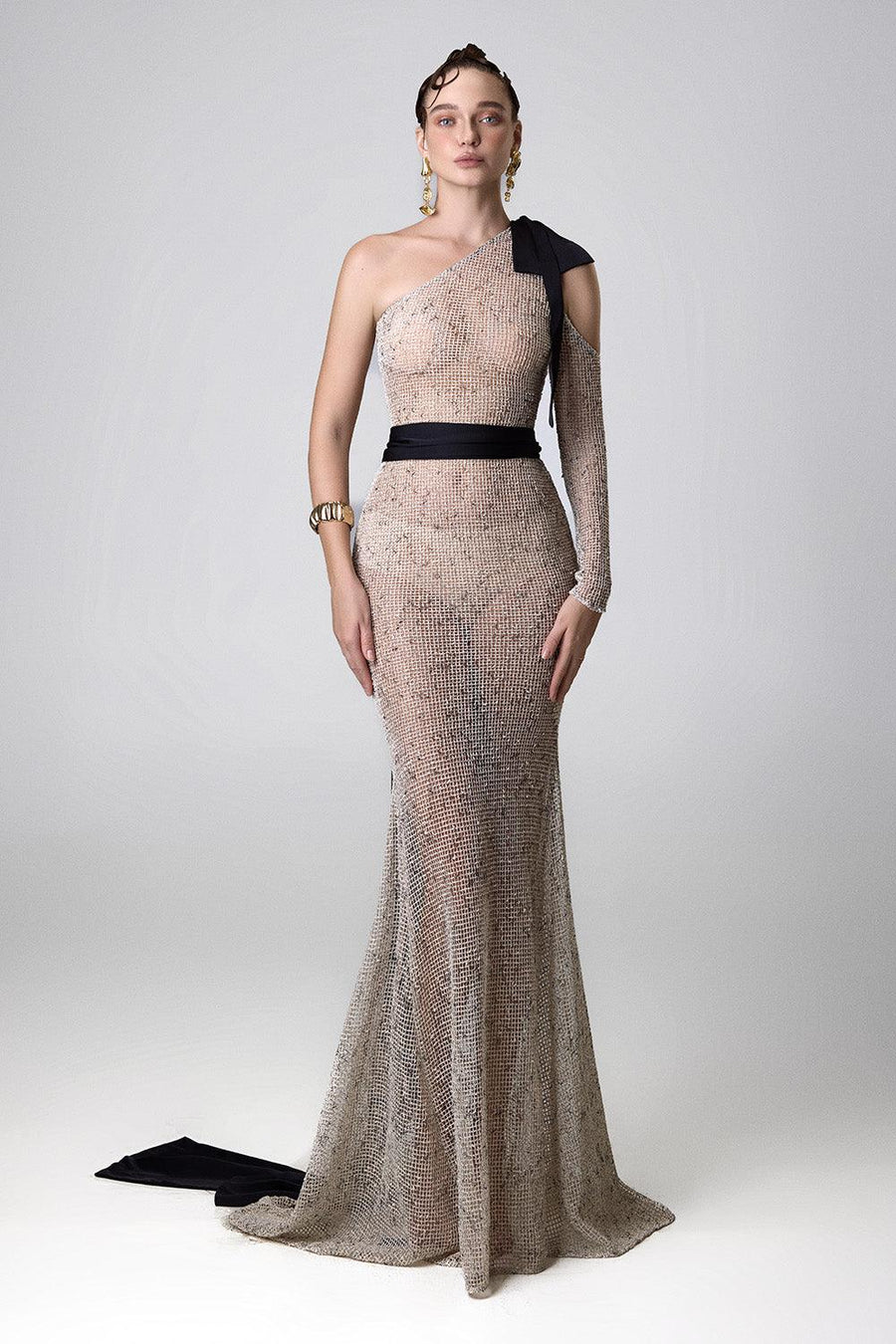 Britney Mermaid One Shoulder Cotton Mesh Floor Length Dress 5