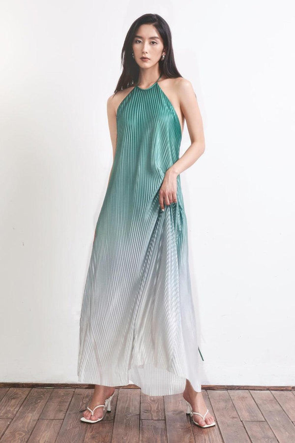 Brooklyn Pleated Halter Neck Silk Maxi Dress