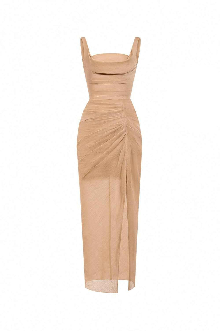 Brown Organza Linen Draped Dress