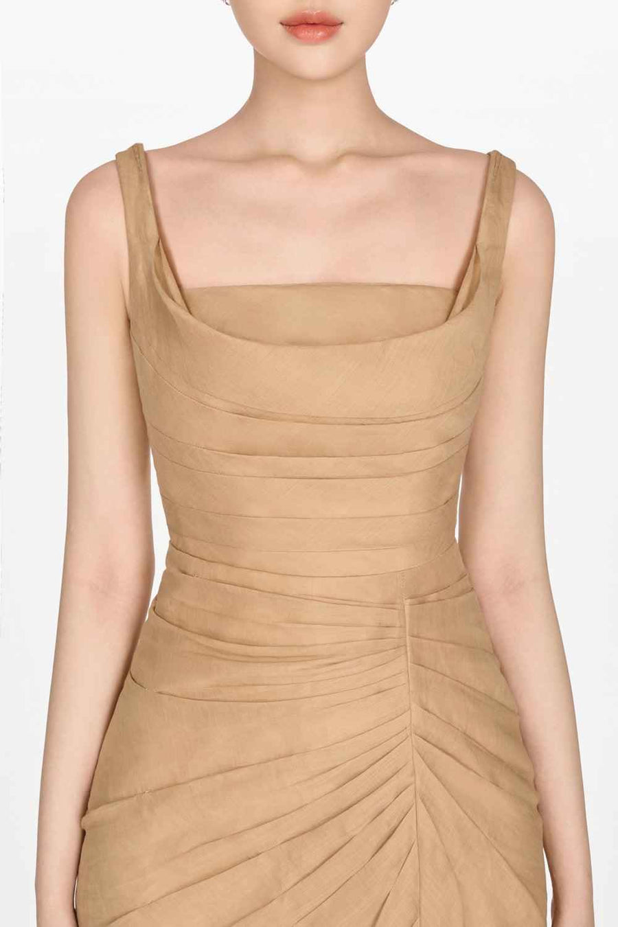 Brown Organza Linen Draped Dress