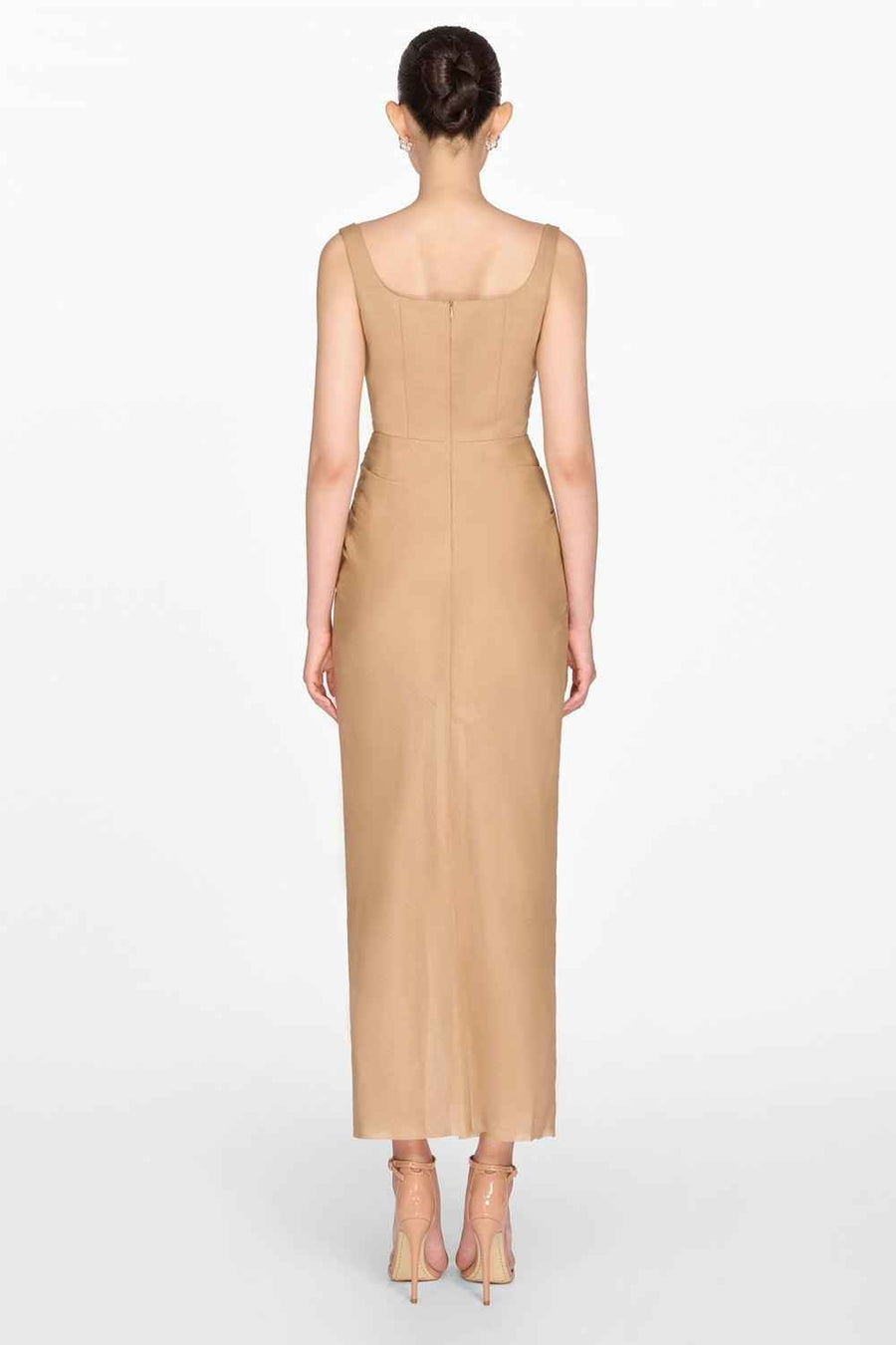 Brown Organza Linen Draped Dress