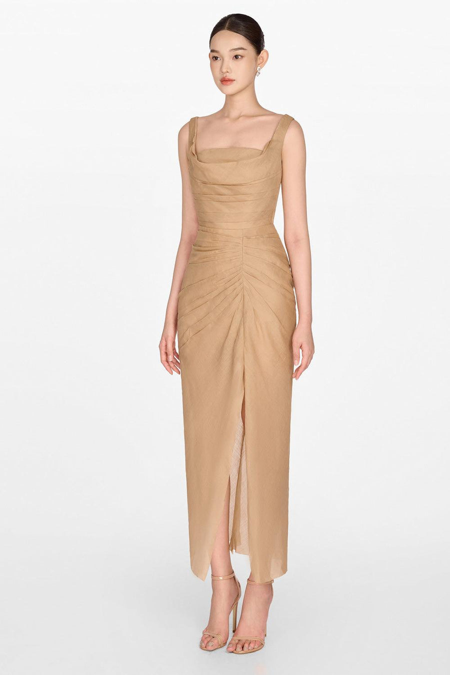 Brown Organza Linen Draped Dress 4