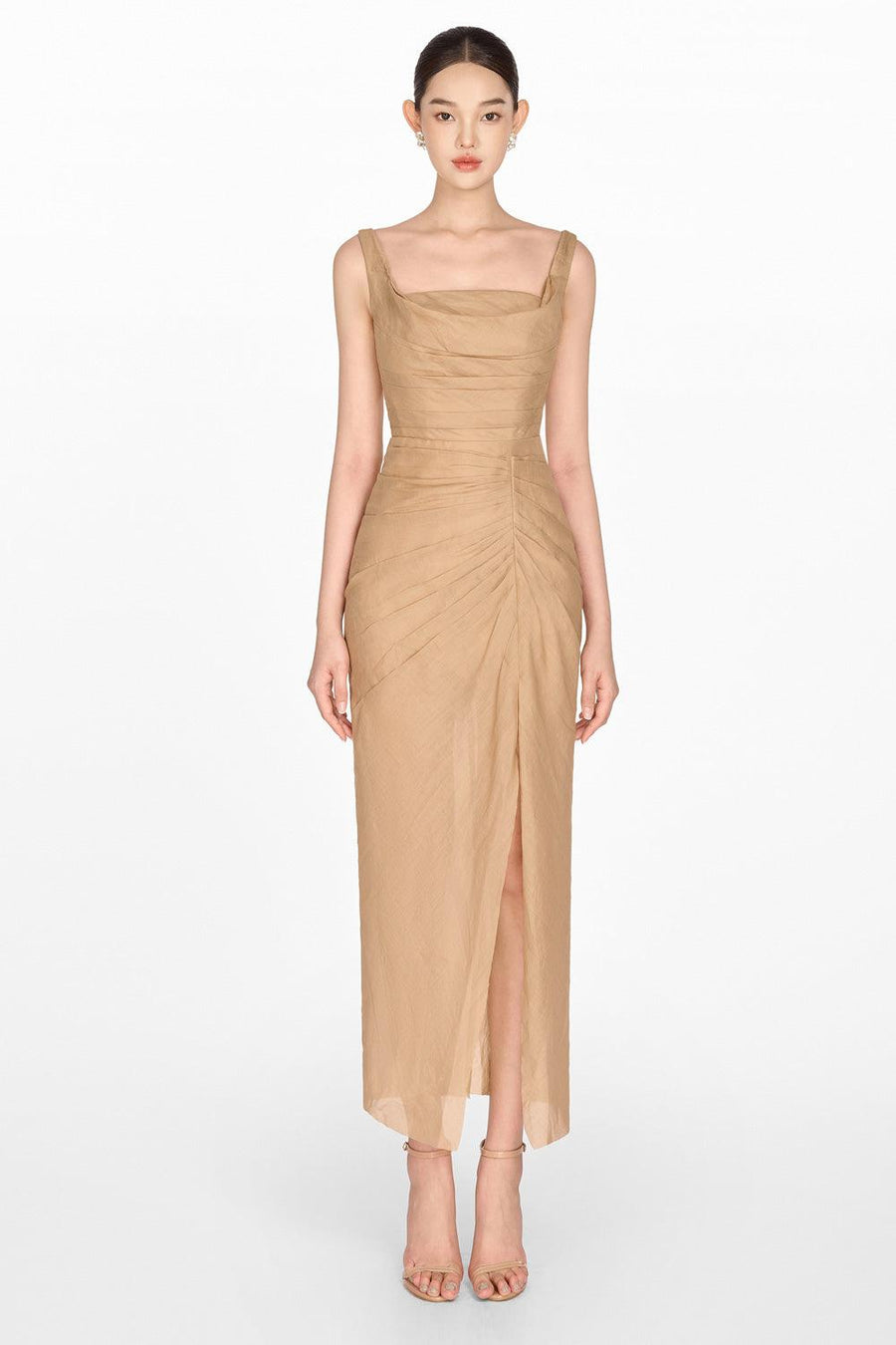 Brown Organza Linen Draped Dress 5