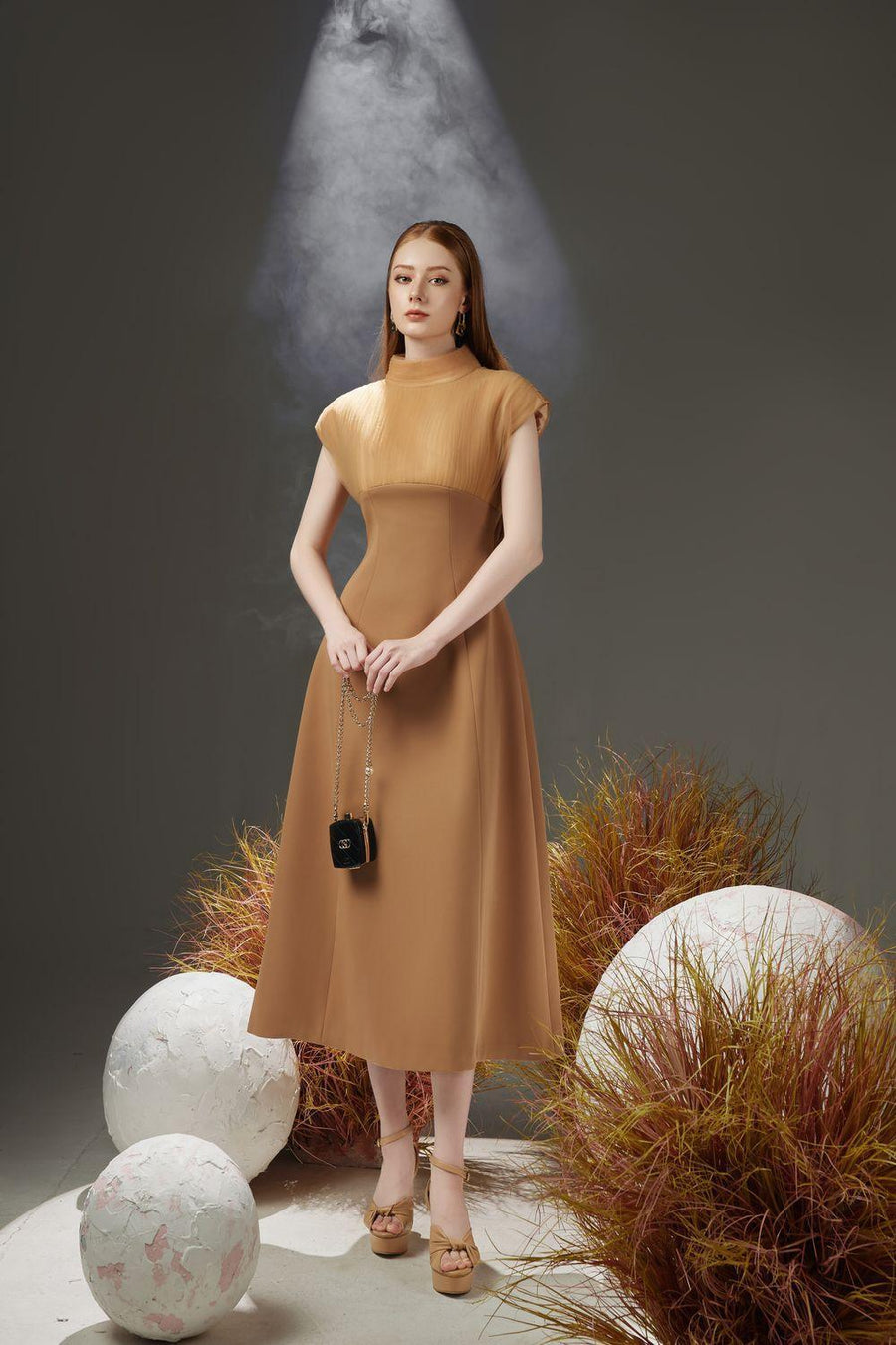 Butler A-line Pleated Chest Taffeta Silk Midi Dress 11
