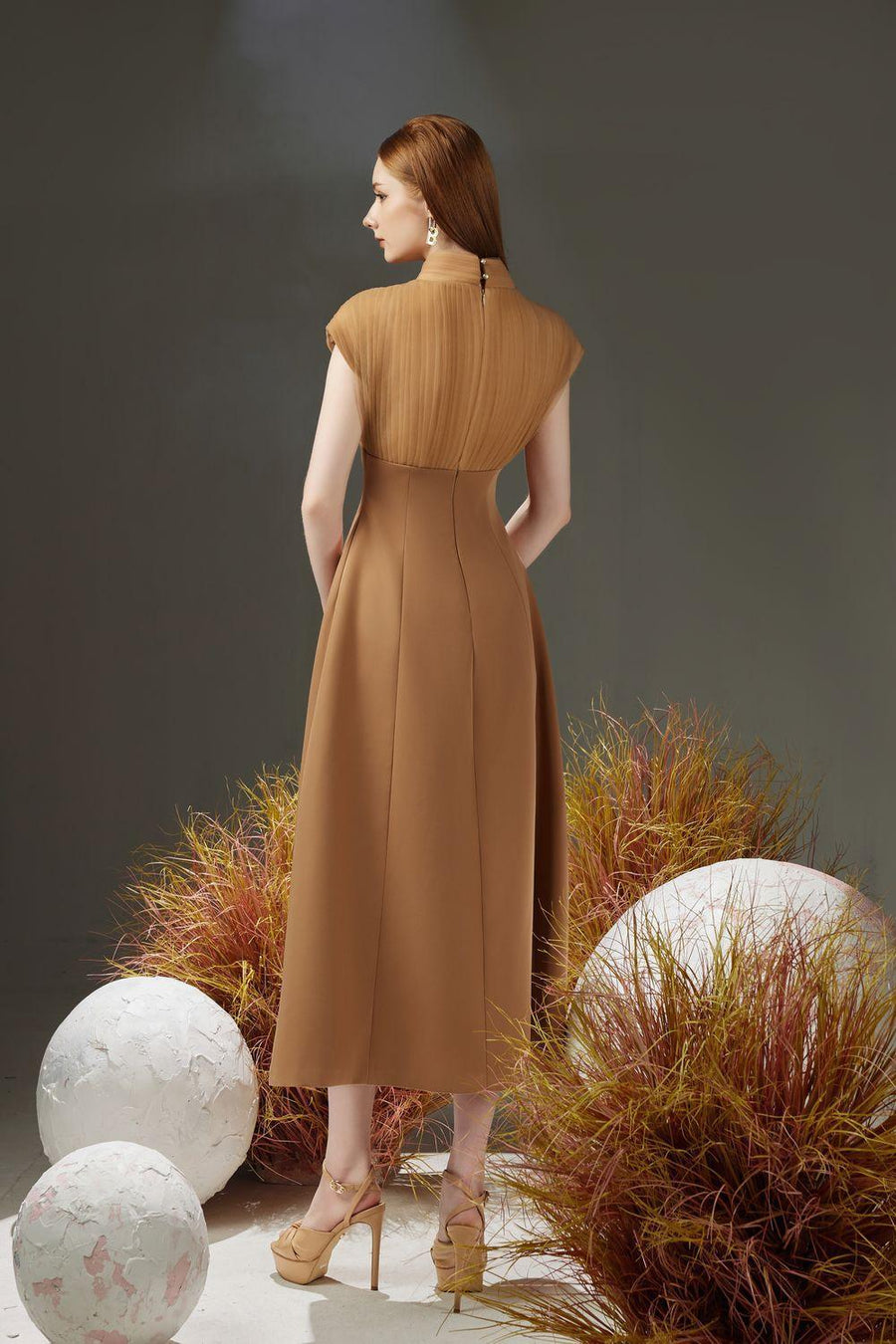 Butler A-line Pleated Chest Taffeta Silk Midi Dress 13