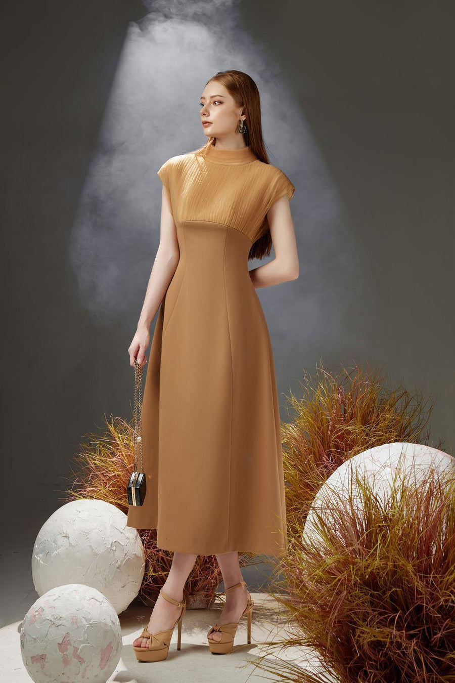 Butler A-line Pleated Chest Taffeta Silk Midi Dress 14