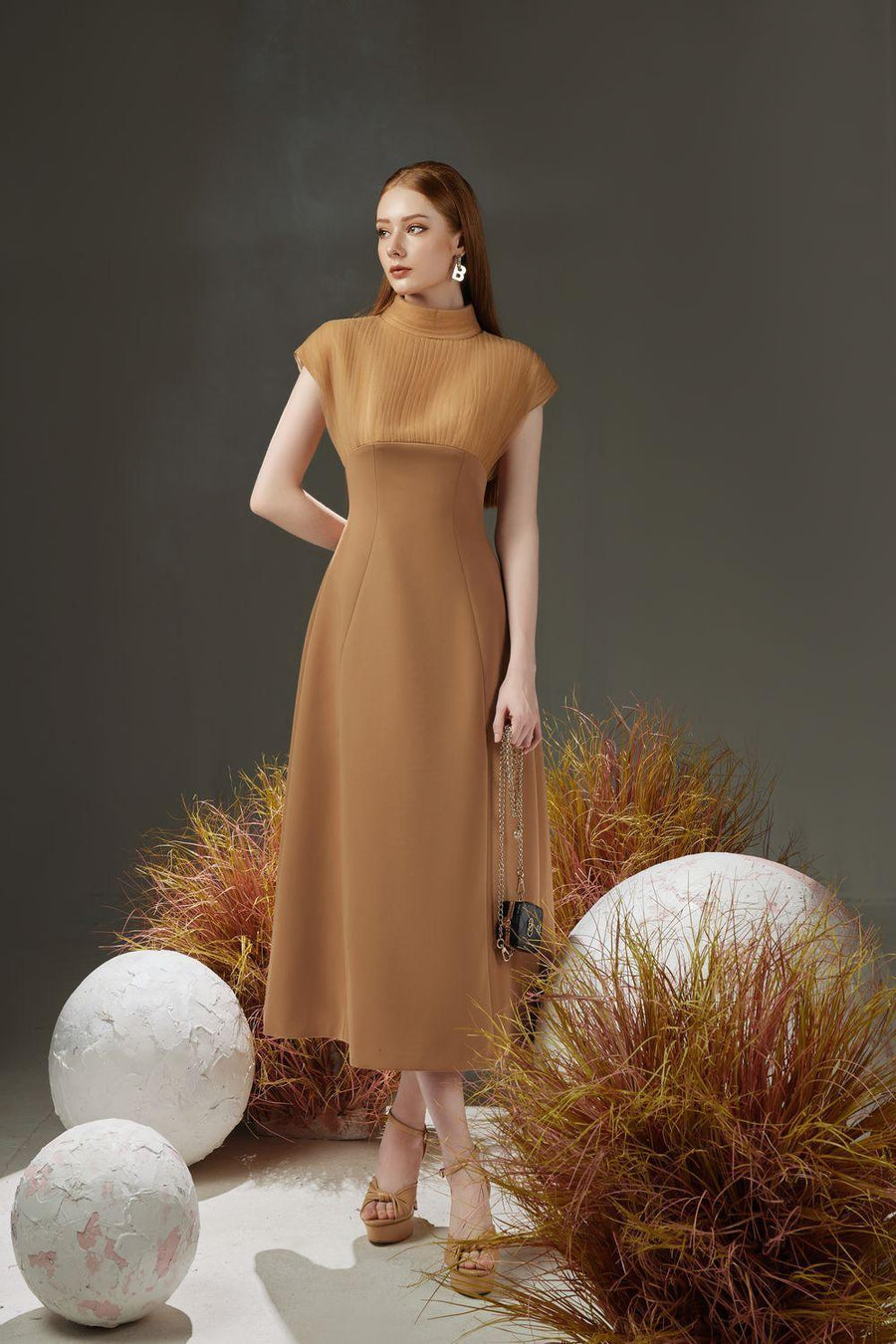 Butler A-line Pleated Chest Taffeta Silk Midi Dress 15