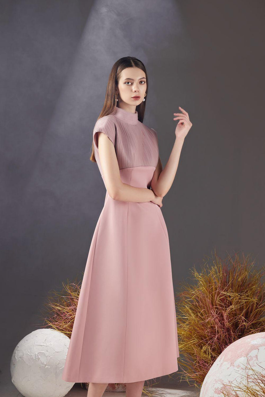 Butler A-line Pleated Chest Taffeta Silk Midi Dress 2