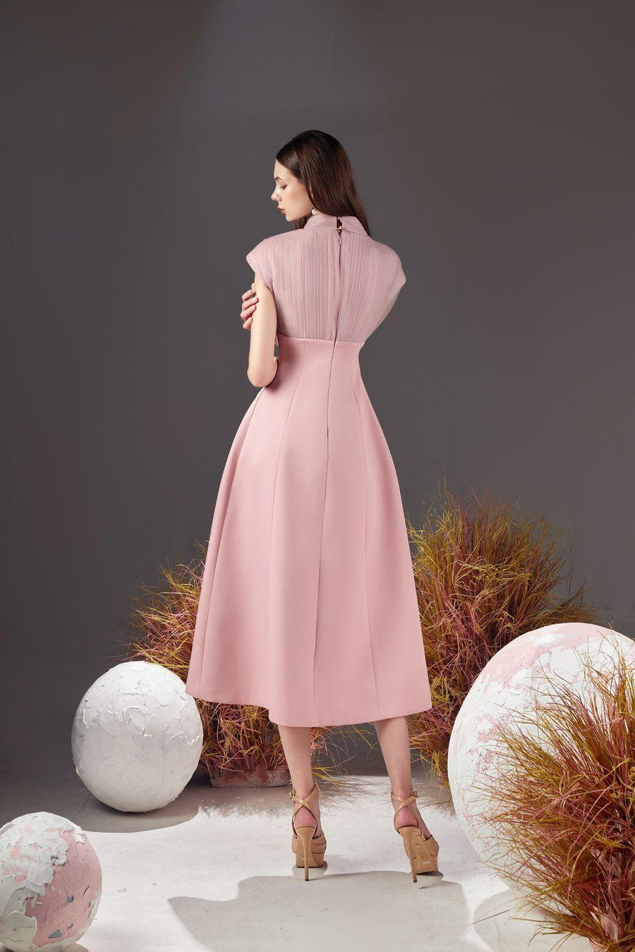 Butler A-line Pleated Chest Taffeta Silk Midi Dress 3