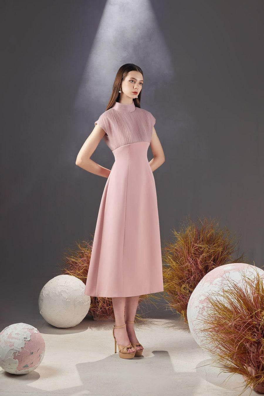 Butler A-line Pleated Chest Taffeta Silk Midi Dress 4