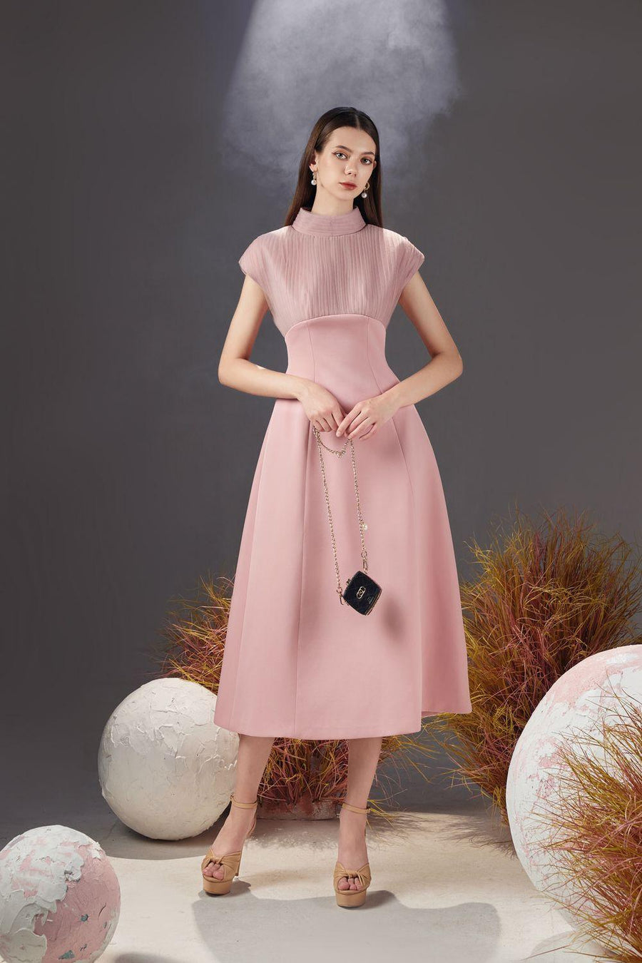 Butler A-line Pleated Chest Taffeta Silk Midi Dress 5