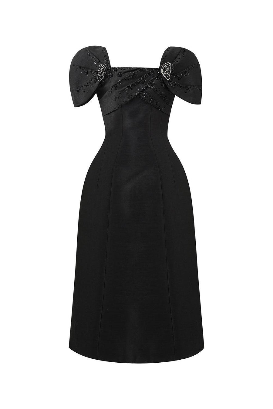 Butterfly A-line Square Neck Taffeta Midi Dress Black Midi Dress IVY moda