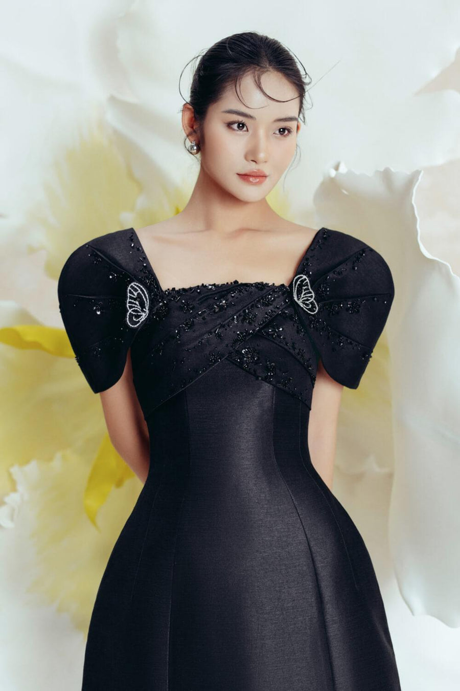 Butterfly A-line Square Neck Taffeta Midi Dress Midi Dress IVY moda