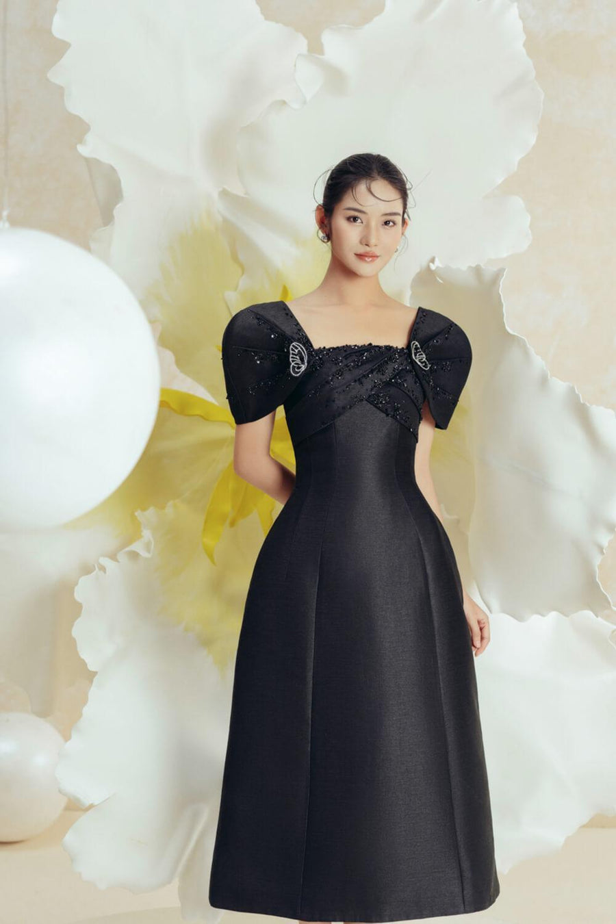 Butterfly A-line Square Neck Taffeta Midi Dress Midi Dress IVY moda
