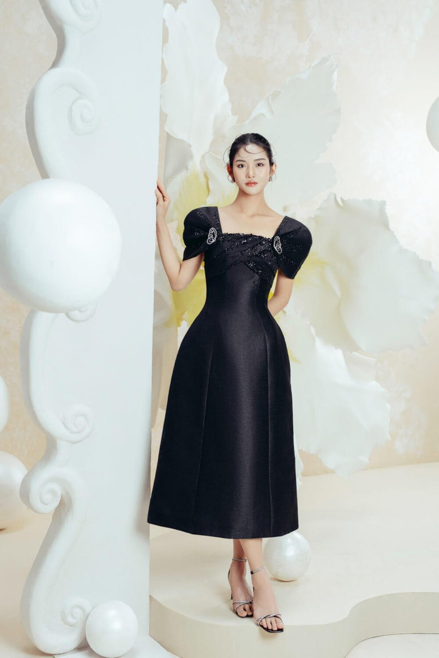Butterfly A-line Square Neck Taffeta Midi Dress Midi Dress IVY moda