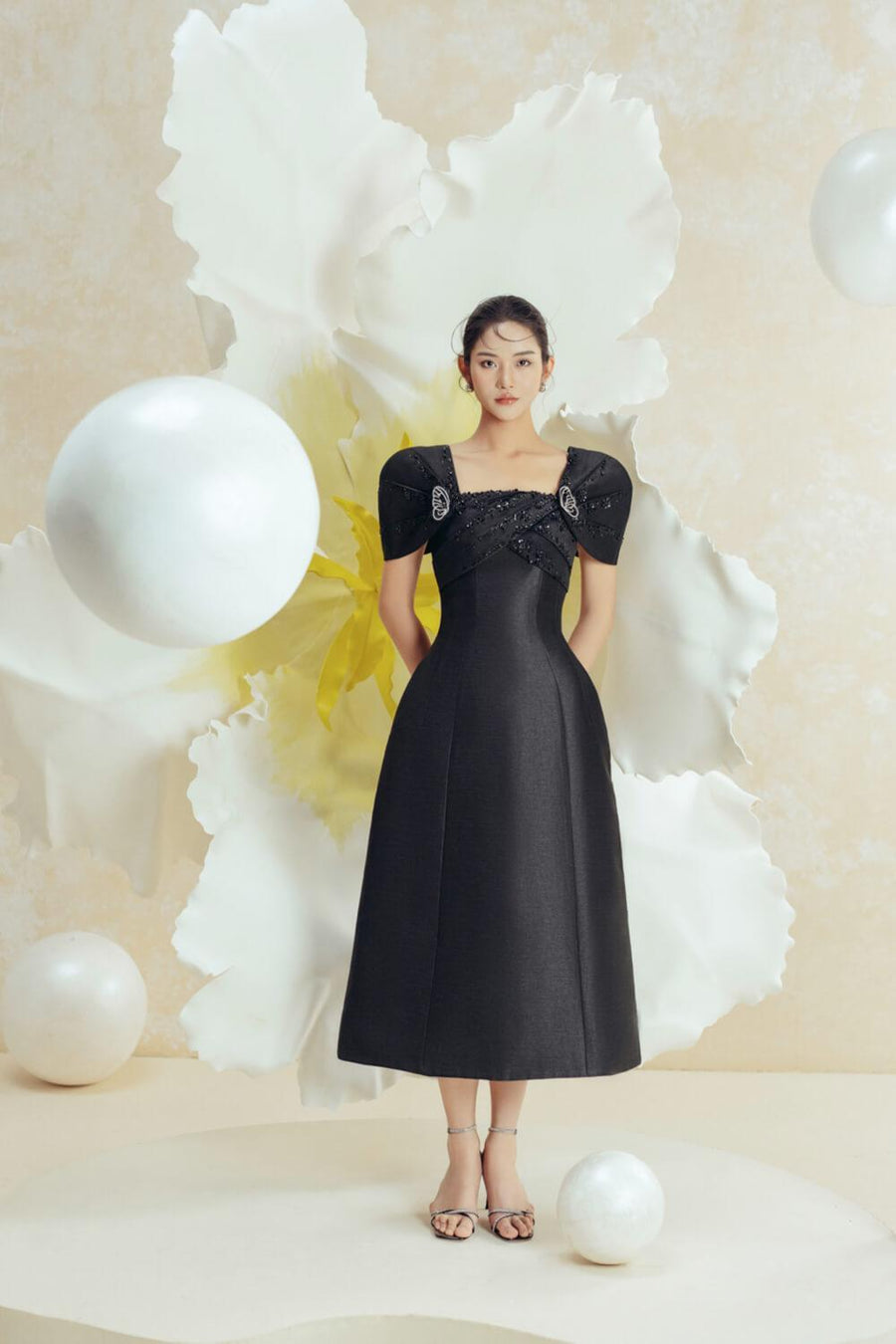 Butterfly A-line Square Neck Taffeta Midi Dress Midi Dress IVY moda