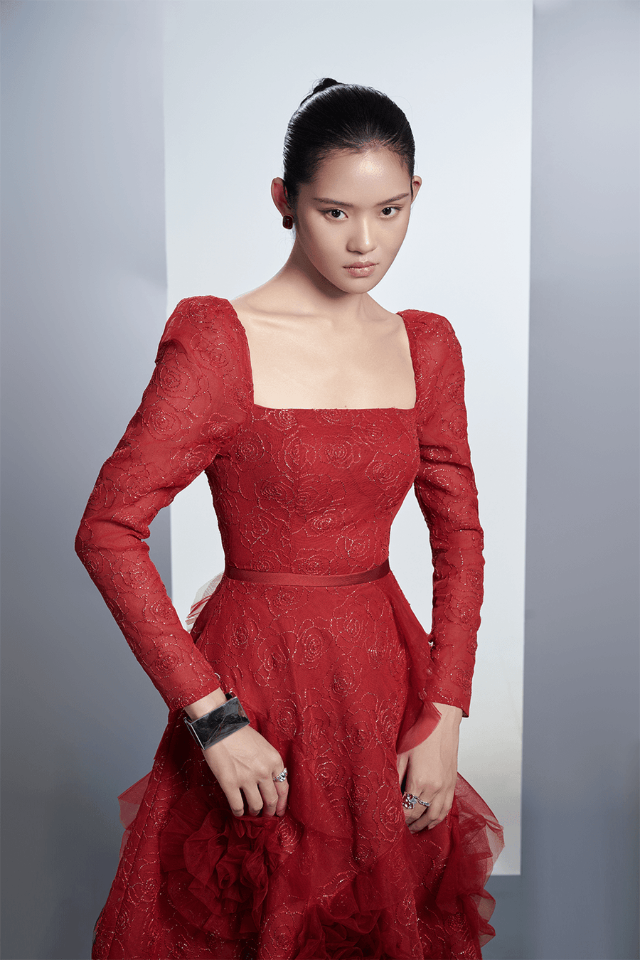 Rosewood Fit and Flare Flower Applique Polyester Midi Dress 2