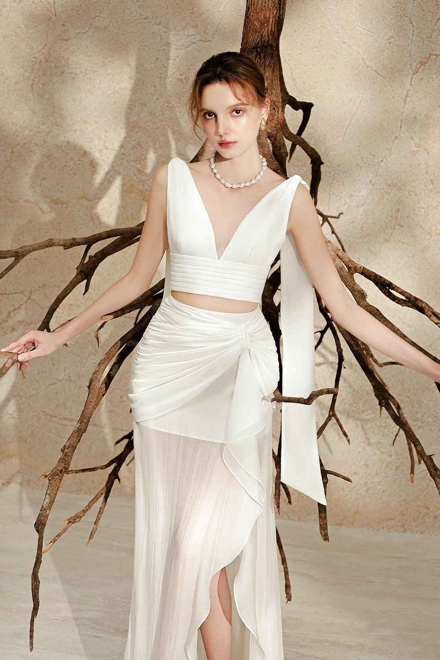Caily Slit Gathered Silk Chiffon Floor Length Skirt