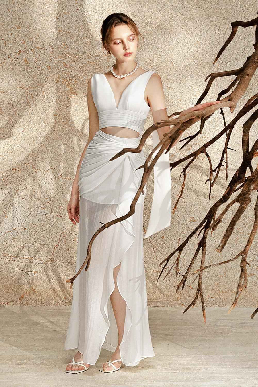 Caily Slit Gathered Silk Chiffon Floor Length Skirt