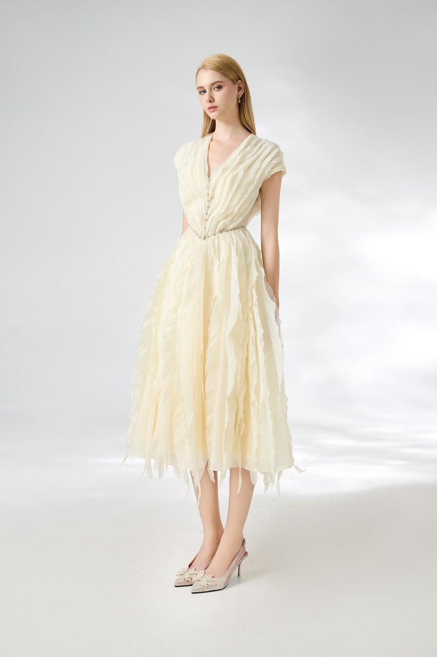 Calhoun Fit and Flare V-Neck Organza Midi Dress 14