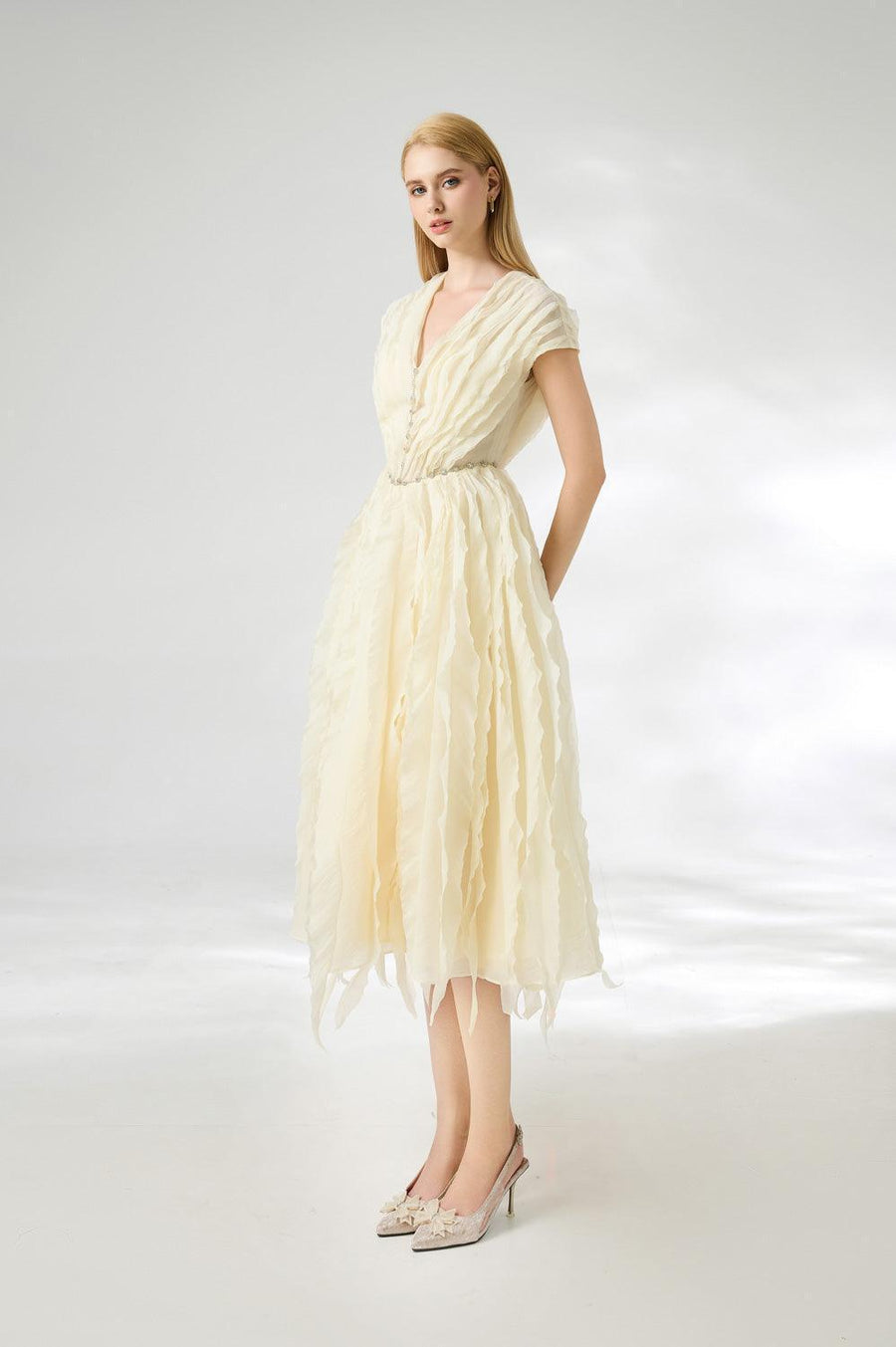 Calhoun Fit and Flare V-Neck Organza Midi Dress 15