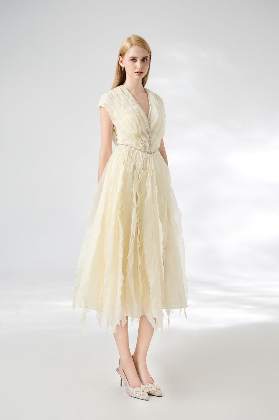 Calhoun Fit and Flare V-Neck Organza Midi Dress 16