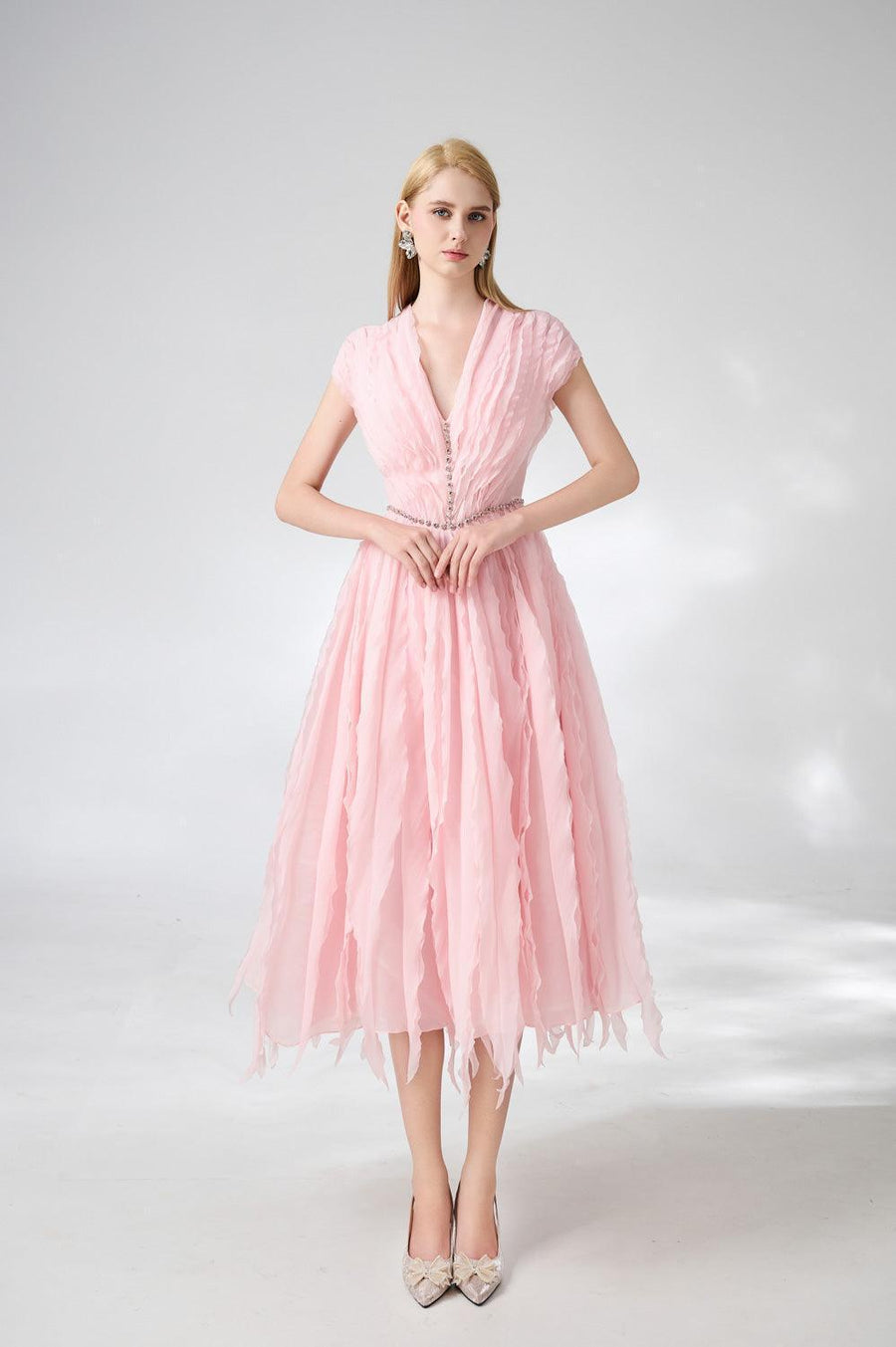 Calhoun Fit and Flare V-Neck Organza Midi Dress 6