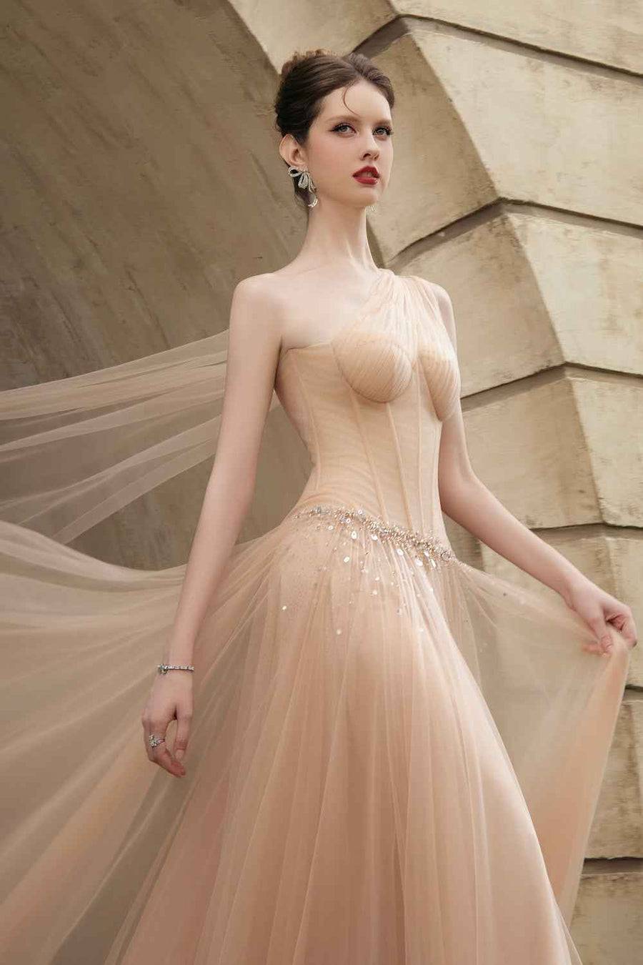 Roselith A-line One Shoulder Tulle Maxi Dress