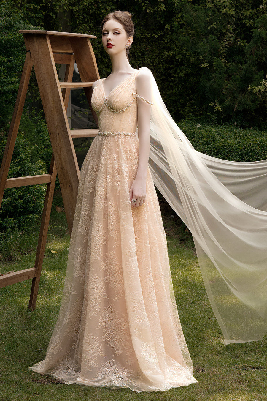 Solenne A-line V-Neck Chantilly Lace Maxi Dress 5