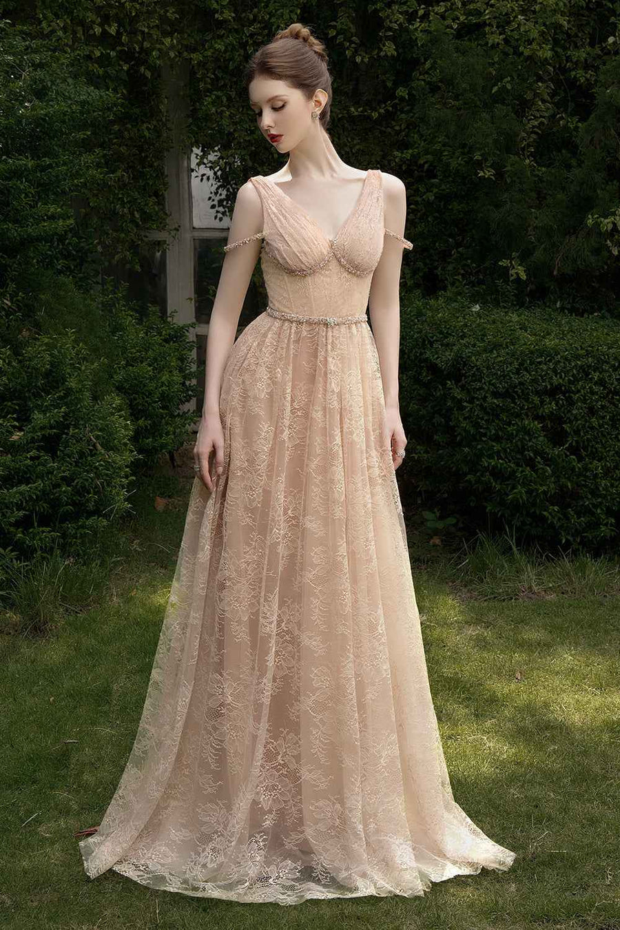 Solenne A-line V-Neck Chantilly Lace Maxi Dress