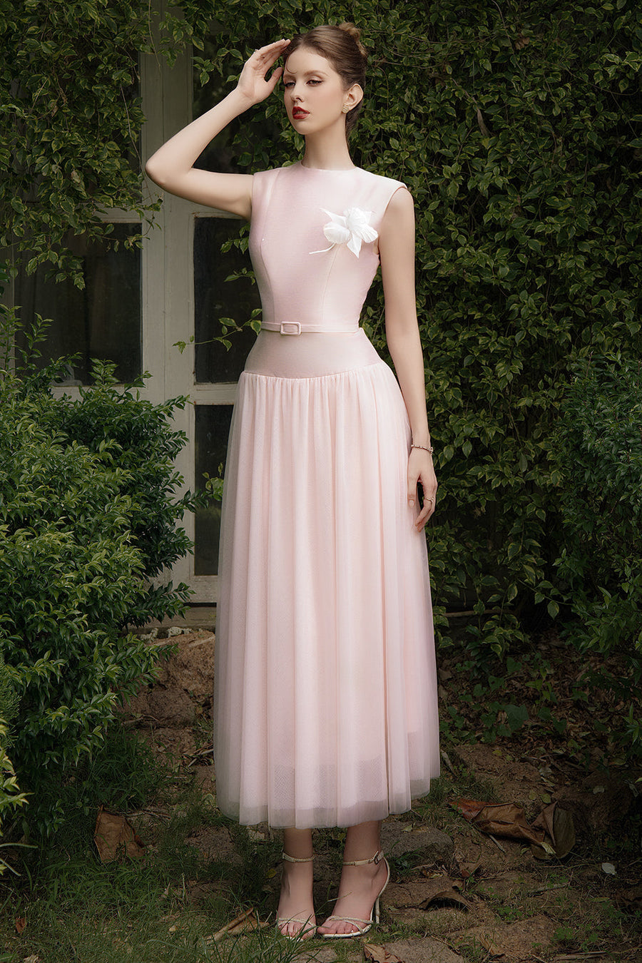 Amorette A-line Round Neck Taffeta Midi Dress 7