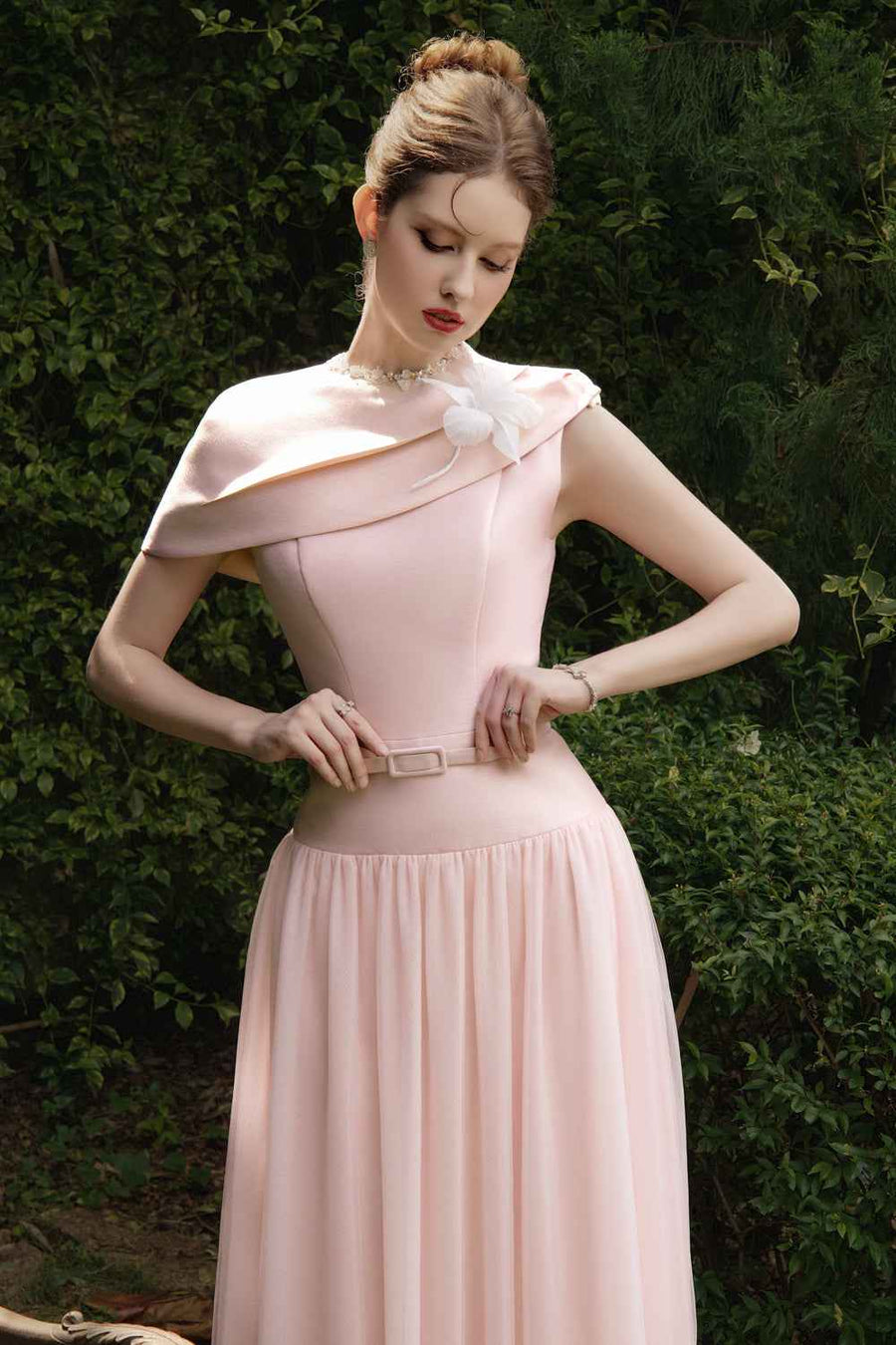 Amorette A-line Round Neck Taffeta Midi Dress