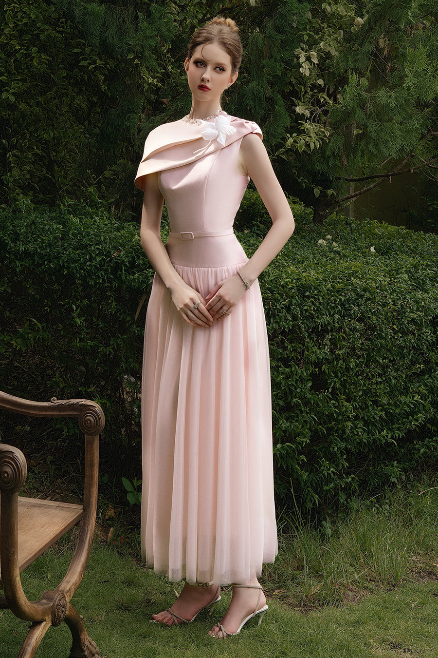 Amorette A-line Round Neck Taffeta Midi Dress 5