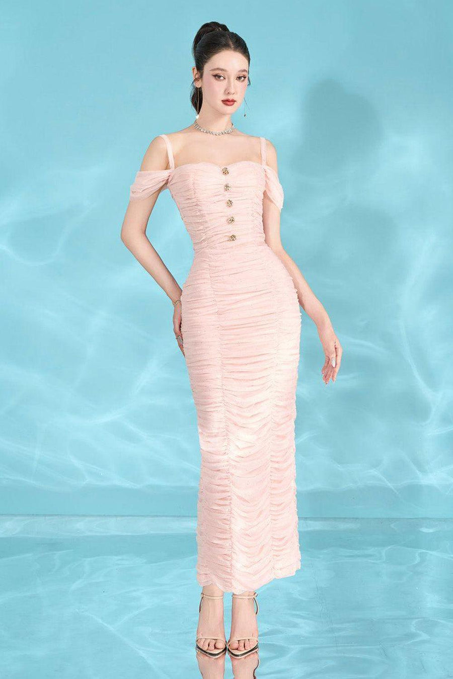 Evelyn Bodycon Cold Shoulder Sleeved Spandex Midi Dress Midi Dress Calista de Minh Thanh
