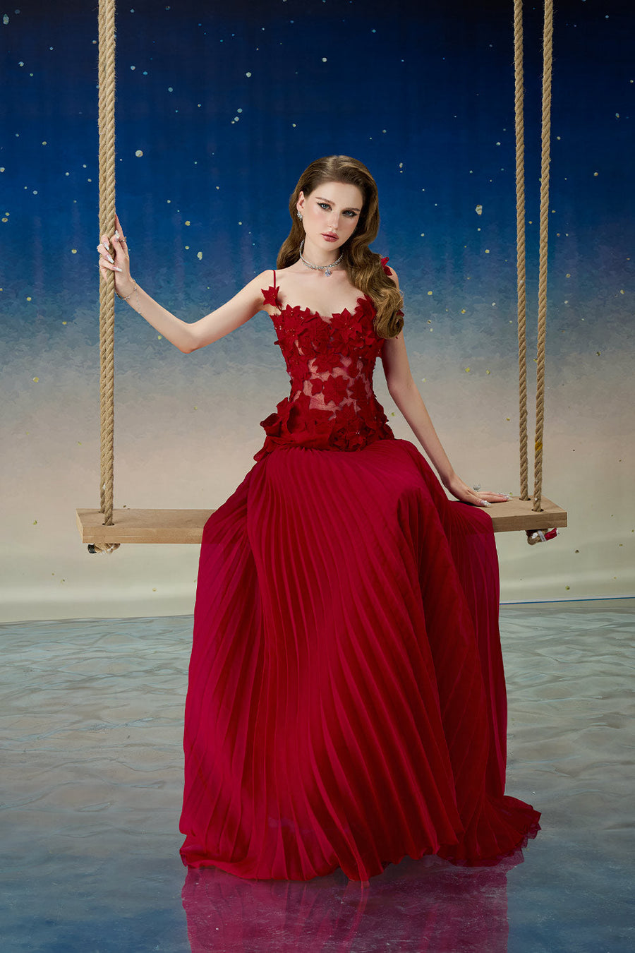 Quasar Pleated Spaghetti Strap Mesh Lace Floor Length Dress Gown Dress Calista de Minh Thanh