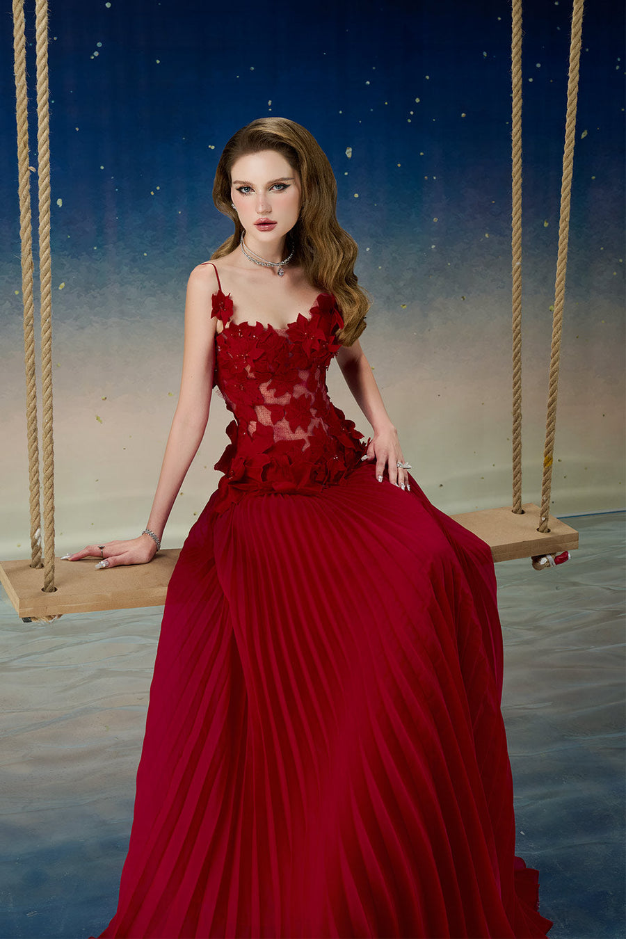 Quasar Pleated Spaghetti Strap Mesh Lace Floor Length Dress Gown Dress Calista de Minh Thanh